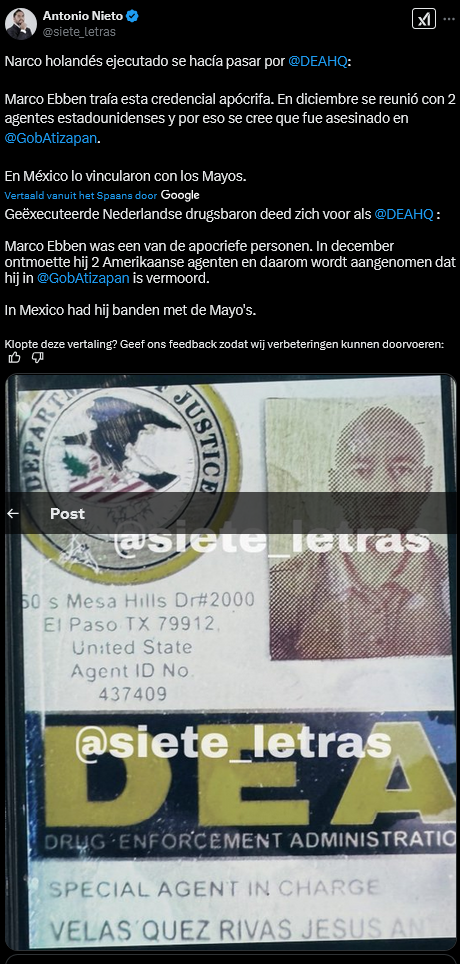 Screenshot 2025 02 14 at 09 56 16 2 Antonio Nieto op X Narco holandés ejecutado se hacía pasar por DEAHQ Marco Ebben traía esta credencial apócrifa