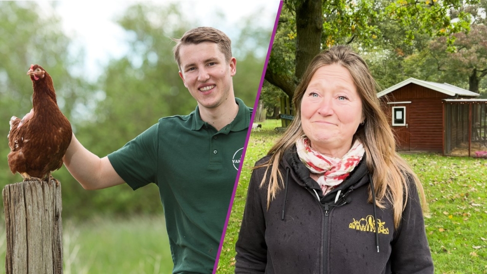 Pluimveehouder Stijn Zonneveld (links) en Kirsten Meijer van kinderboerderij &#039;t Hoefblad (rechts)