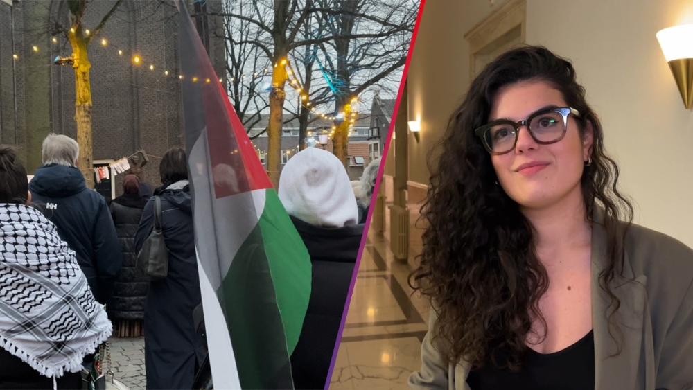 Links: een bijeenkomst in december voor omgekomen kinderen in Gaza, rechts: Yasmine Bouchrit