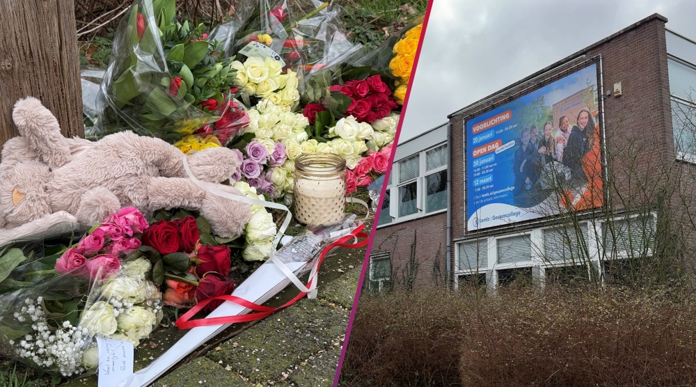 Het Geuzencollege in Vlaardingen-Holy en de plek in Sveaparken waar onder andere bloemen worden gelegd