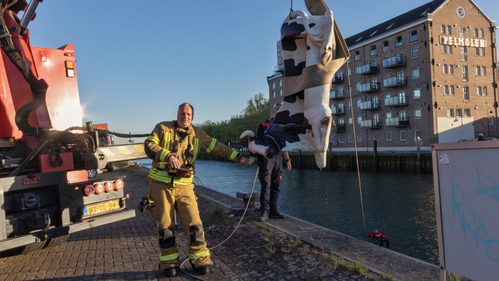 Brandweerman Bas zwaait na 44 jaar af en herhaalt actie met drijvende koe
