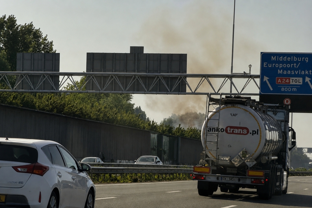 Kleine brand bij bosjes in Westwijk, rook trekt over A20 heen