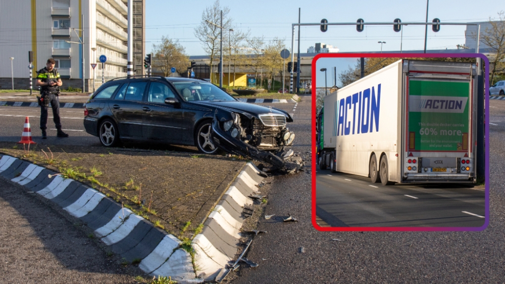 Auto en vrachtwagen botsen op druk kruispunt