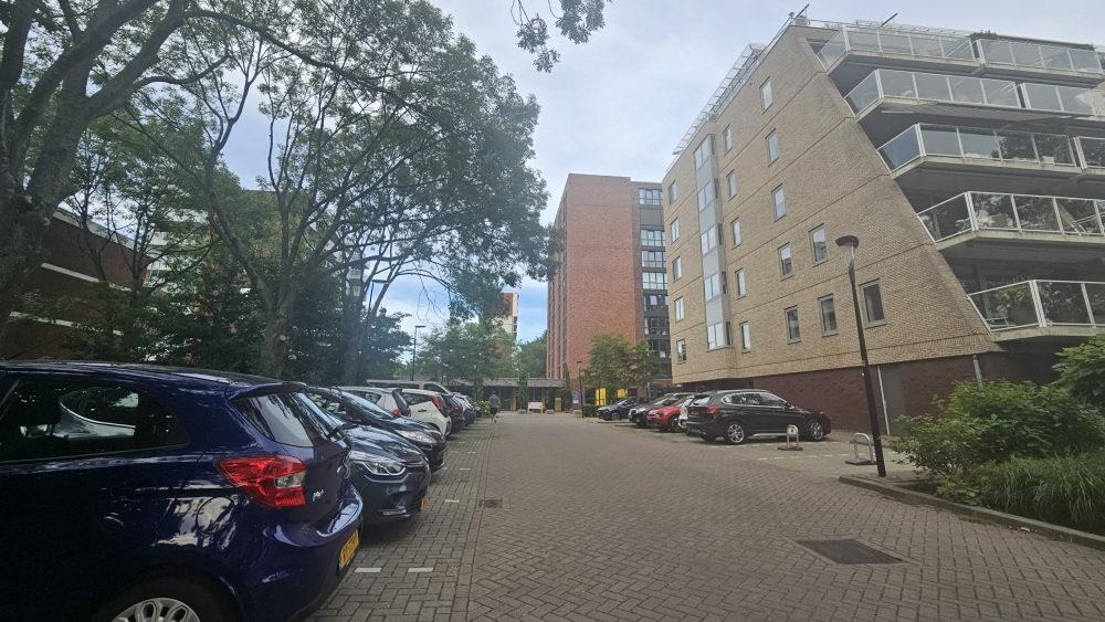 Links de dertien parkeerplaatsen waar het om gaat, rechts het appartementencomplex 'Holy Residence'