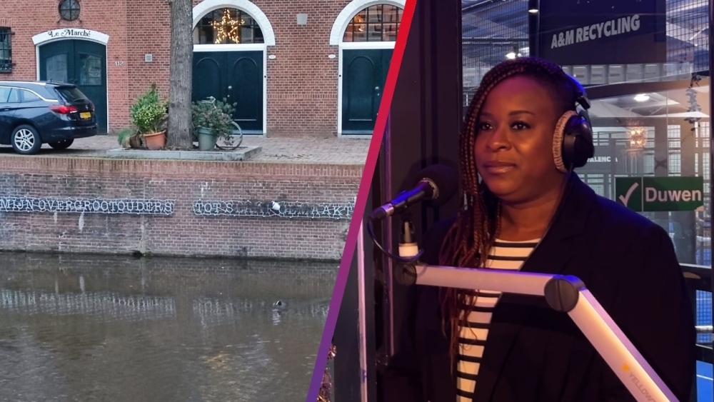 Het kunstwerk &#039;Nu sta ik hier&#039;, rechts: wethouder Anouschka Biekman