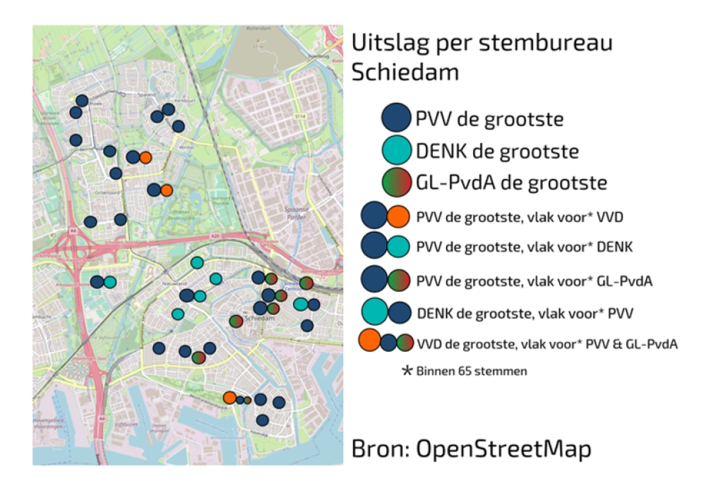 Verschillen tussen Schiedamse wijken duidelijk te zien in stemgedrag: PVV oppermachtig boven de snelweg en DENK groot in Nieuwland